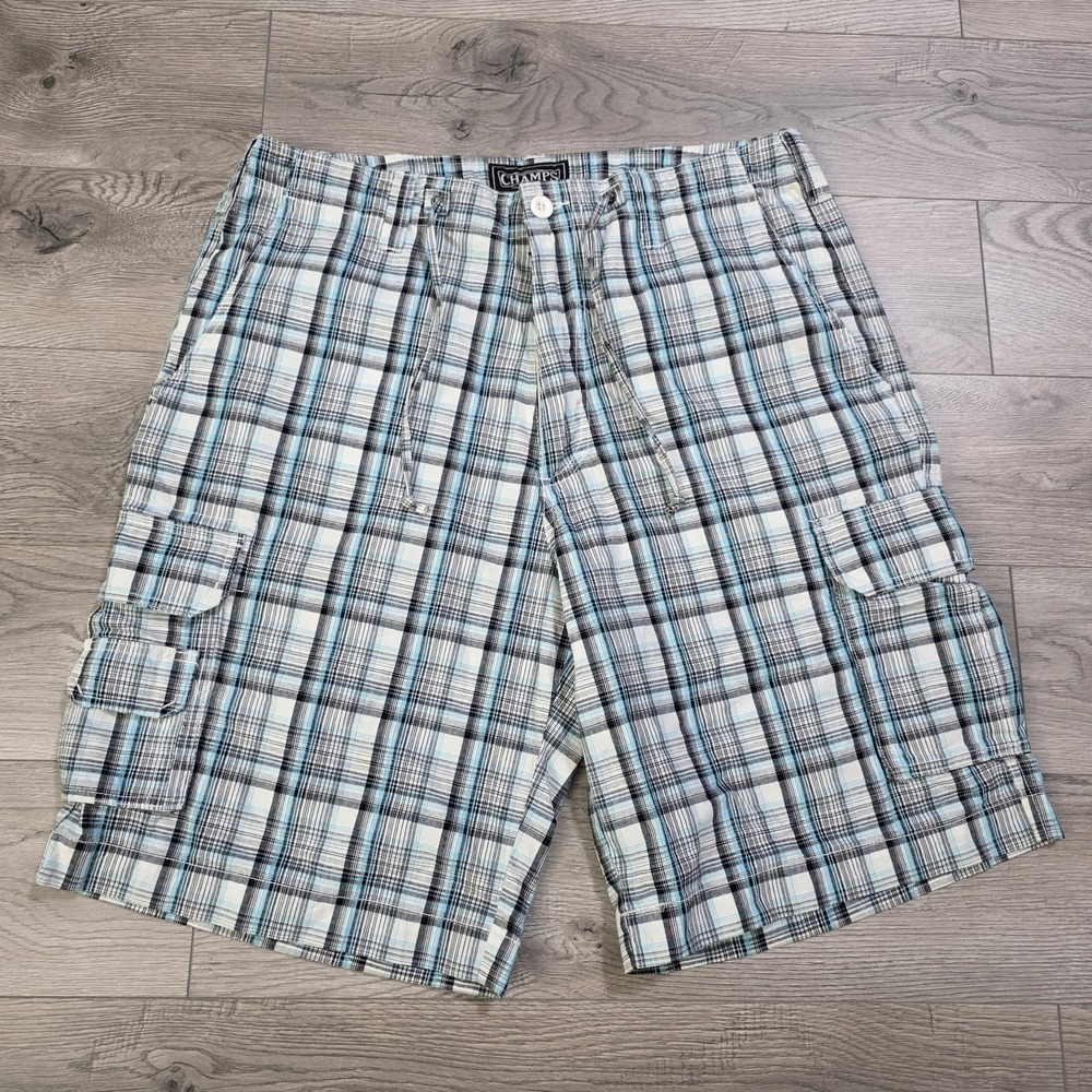 Champs Sports Men's 36 Plaid Cargo Shorts White Black Blue NWT‎